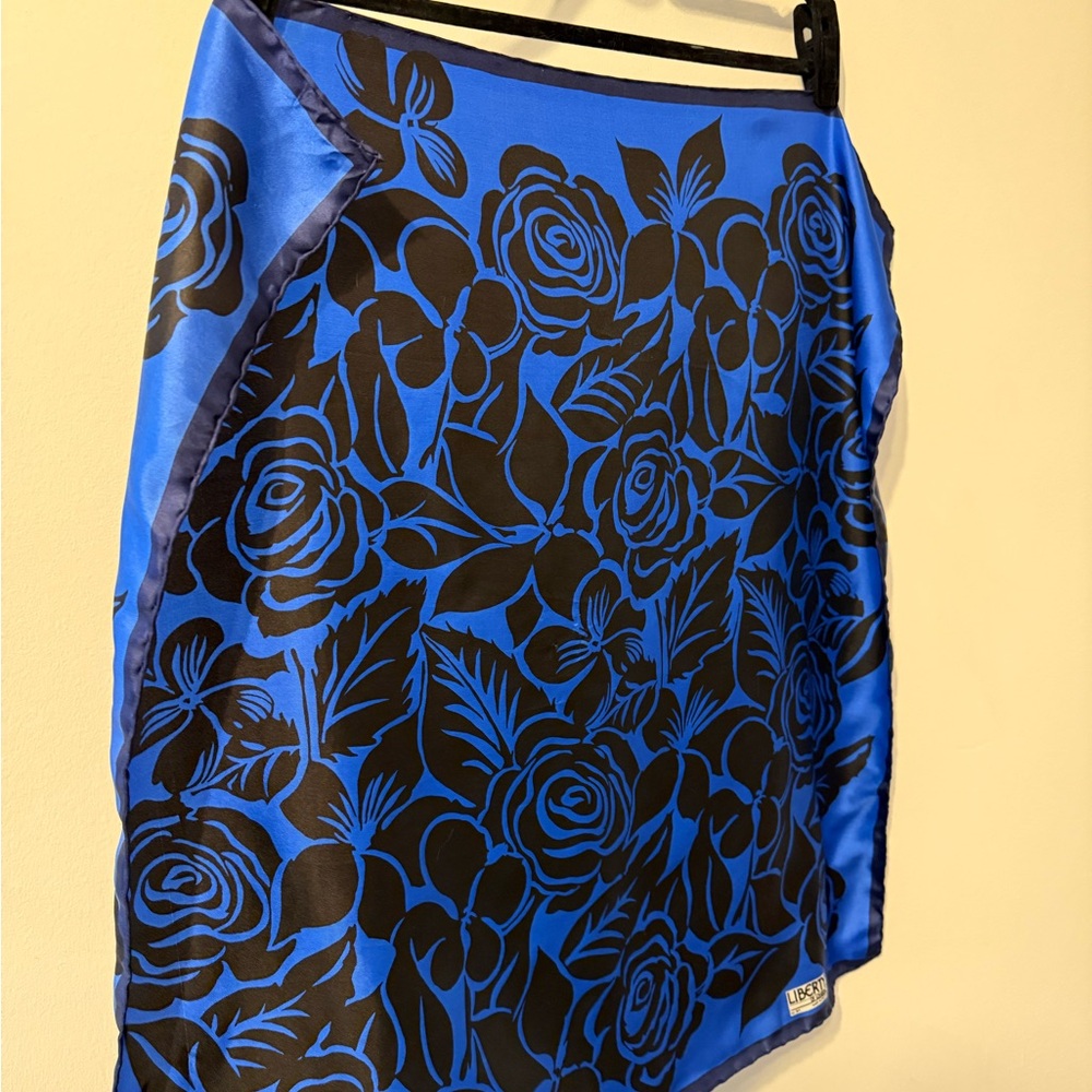 Liberty of London Blue and Black Floral Silk Scarf Vintage